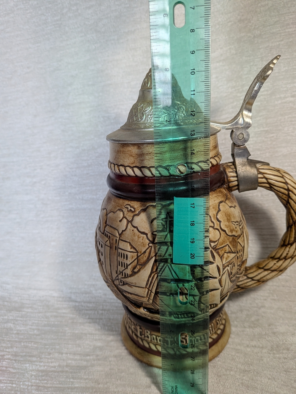 AVON 1977 Ornate Ceramic Beer Stein with Pewter Lid - Tall Ships,Ivory and Brown - Picture 14 of 16
